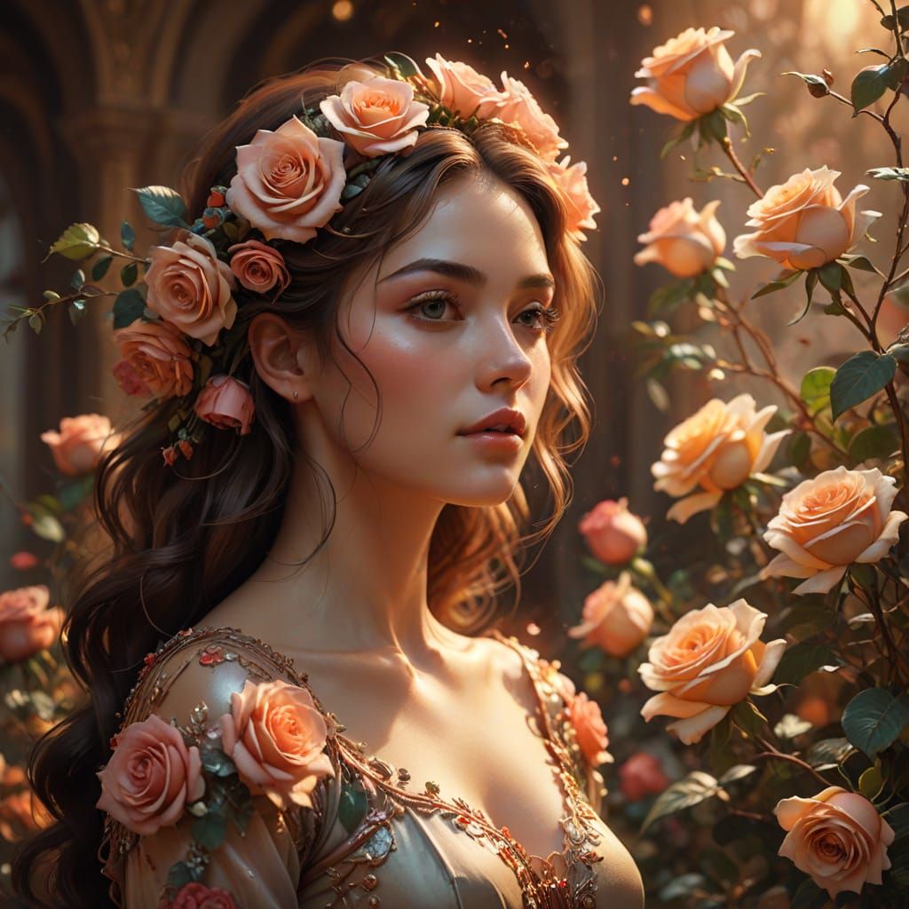 Surreal Floral Portrait of a Rose-Adorned Woman