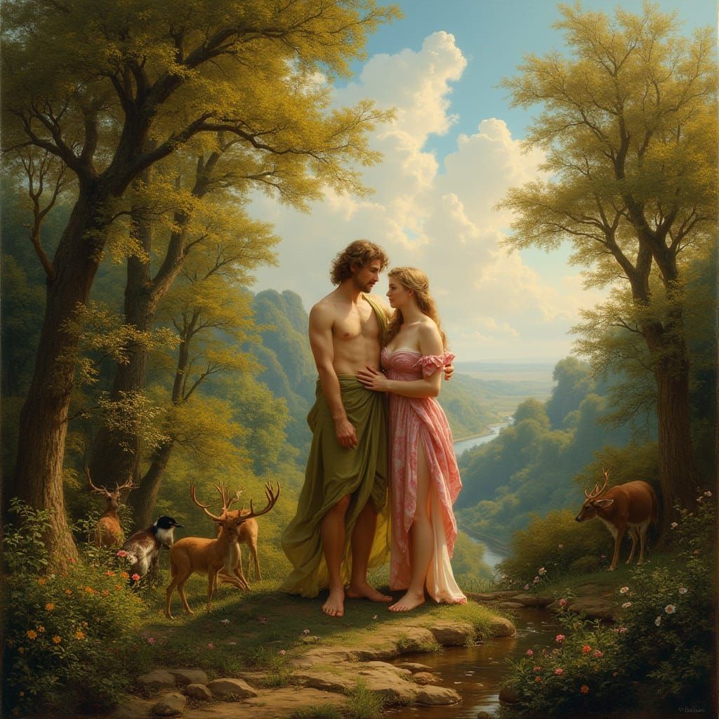 Adam and Eve in Eden: Photorealistic Garden Scene