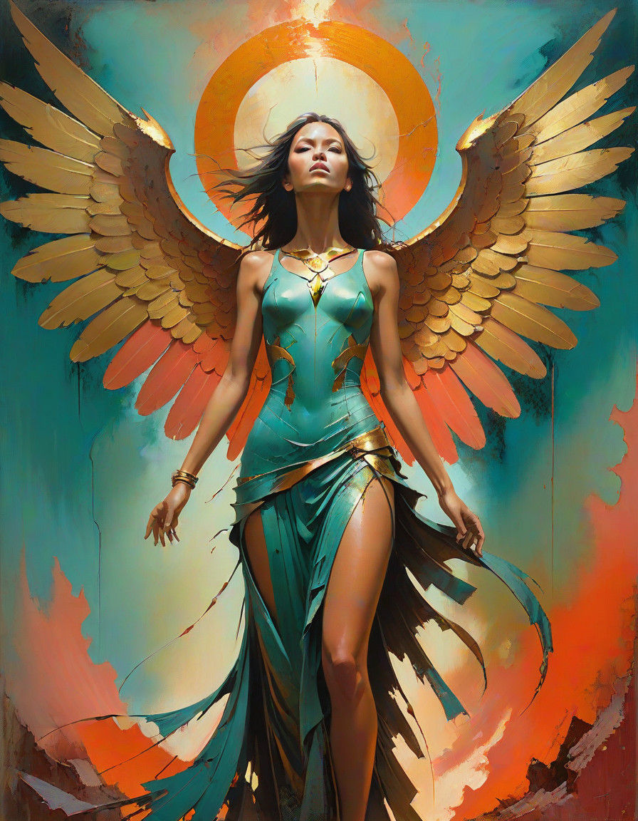 Majestic Winged Female in Verdigris and Gold Oil Painting