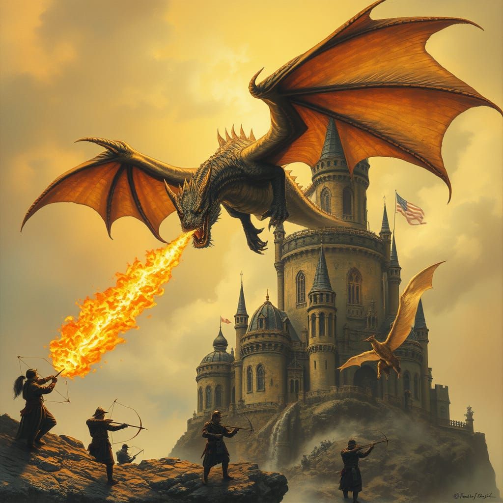 Dragon Fire Assault on Castle: Detailed Fantasy Art
