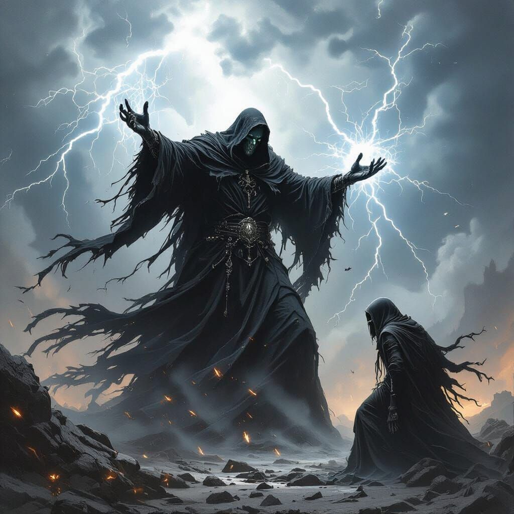 Lich Battles Death Amidst Storm Clouds