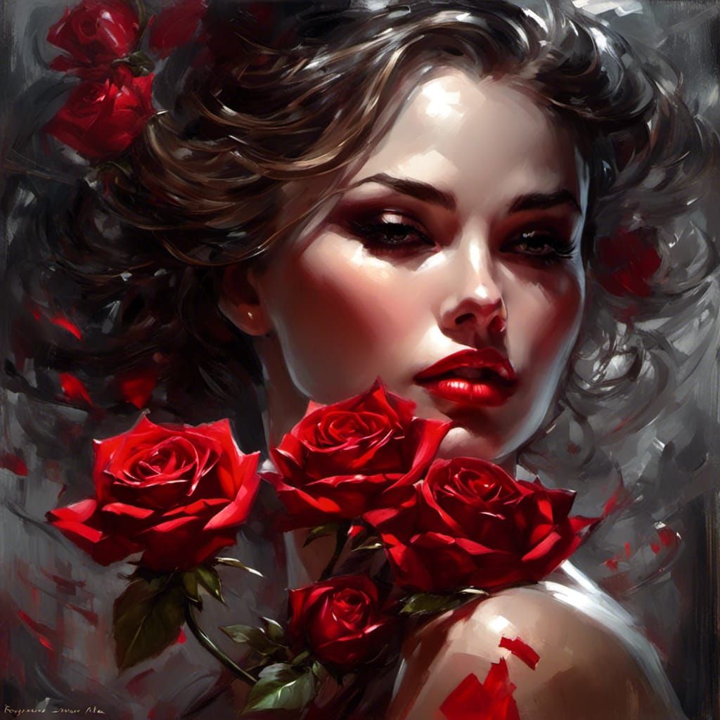 Beautiful Woman with Rose, in Fantasy Art Style