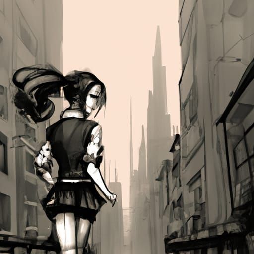 Anime Woman in Futuristic Cityscape