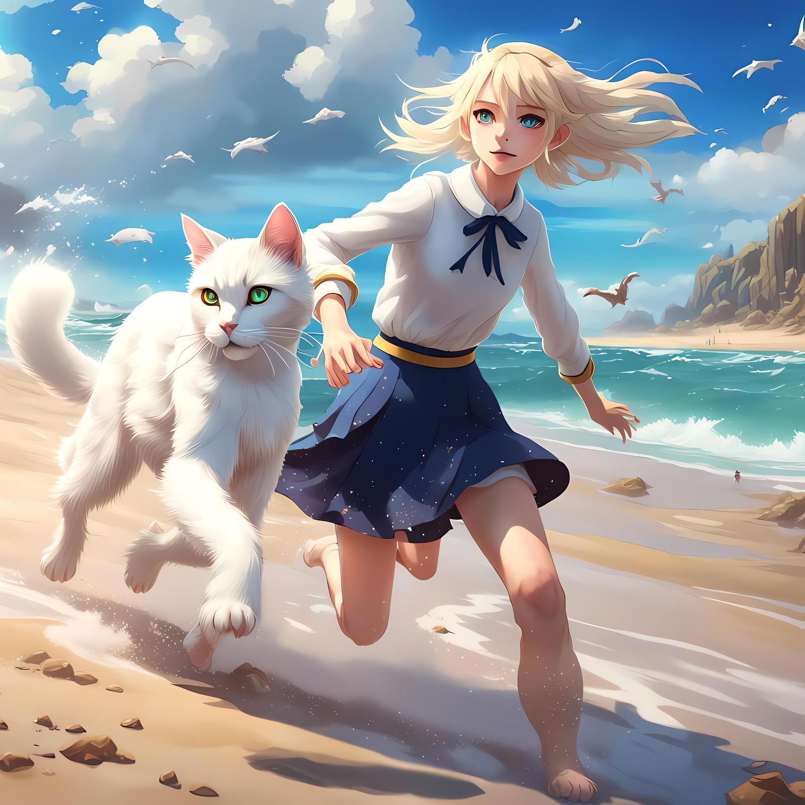 White Cat and Girl on Beach in 3D Anime Style