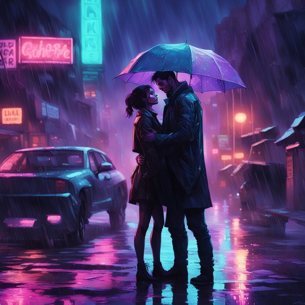 Cyberpunk Romance in the Rain: Cinematic Still