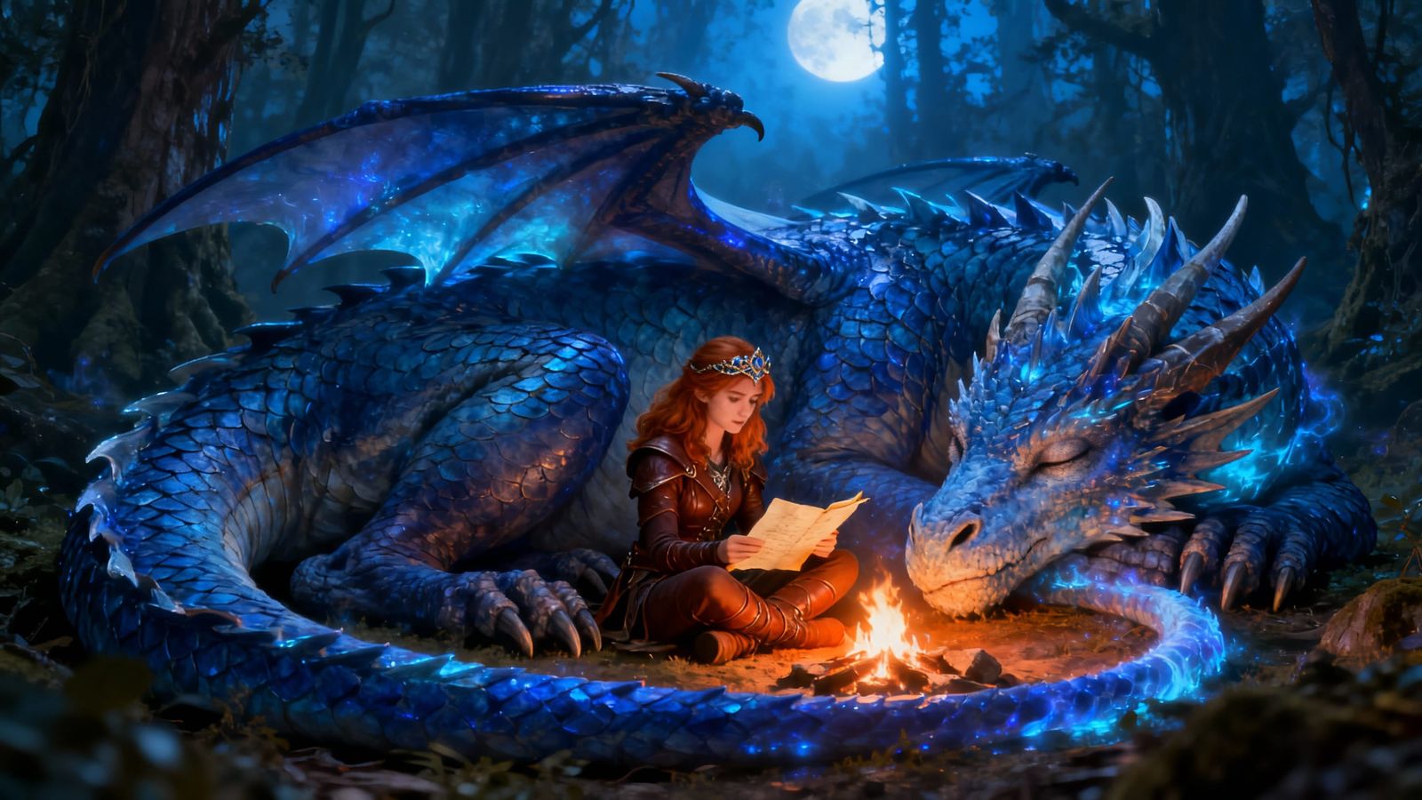 Blue Dragon Guards Sleeping Woman by Campfire
