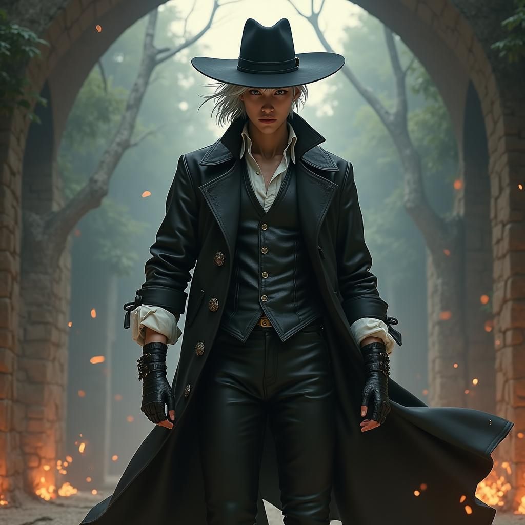 Leather-clad Martial Artist in Dreamlike Setting