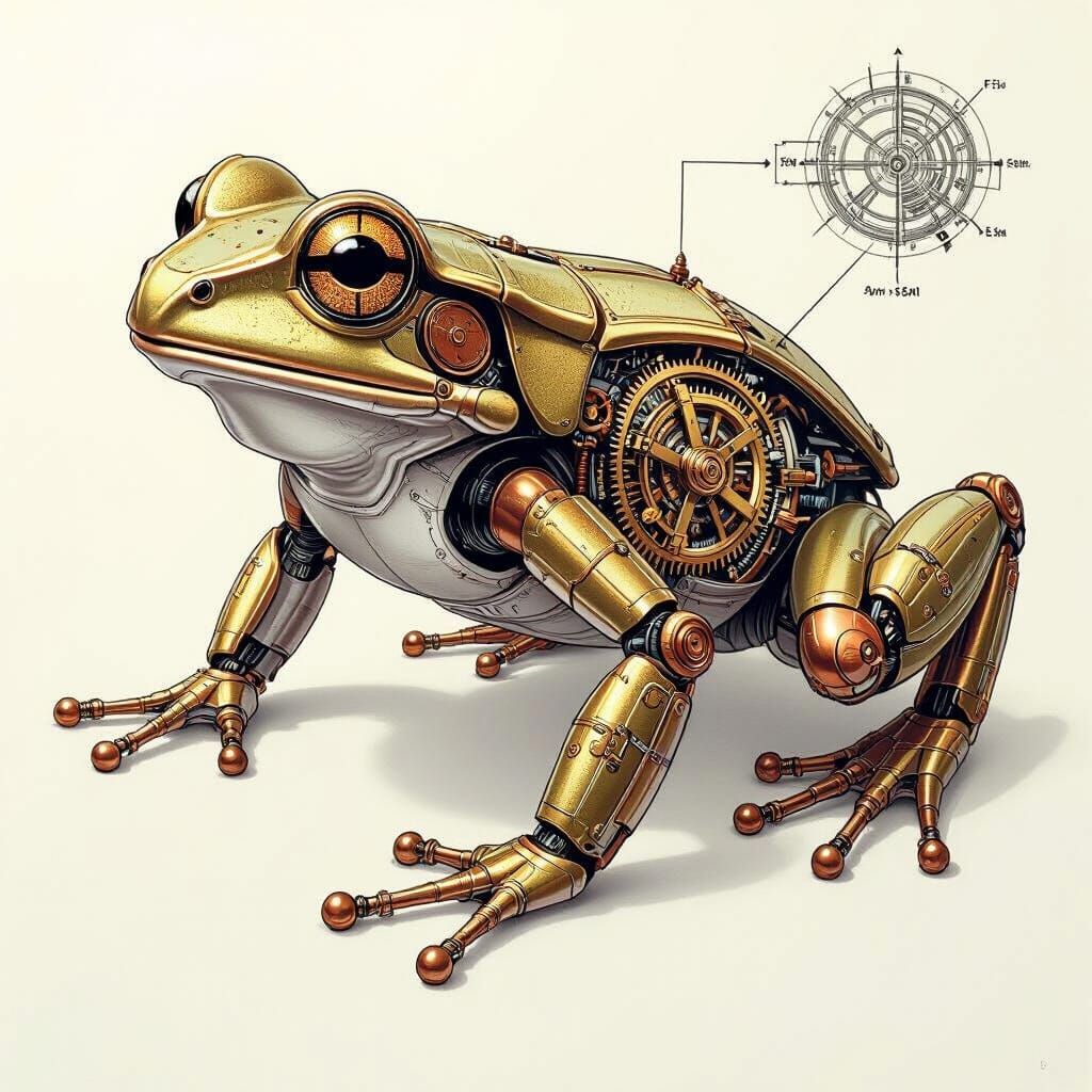 Intricate Mechanical Frog with Cutaway Diagrams