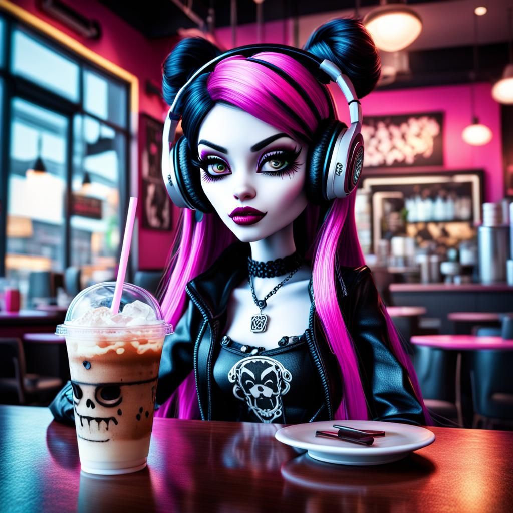 emo draculaura monster high drinking an iced coffee in a cafe wearing headphones