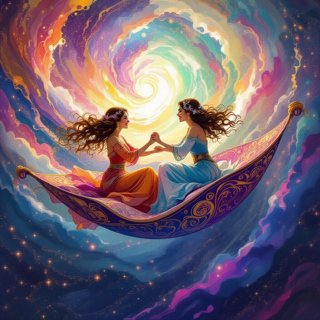 Joyful Lesbian Magic Carpet Ride Through Cosmic Nebula