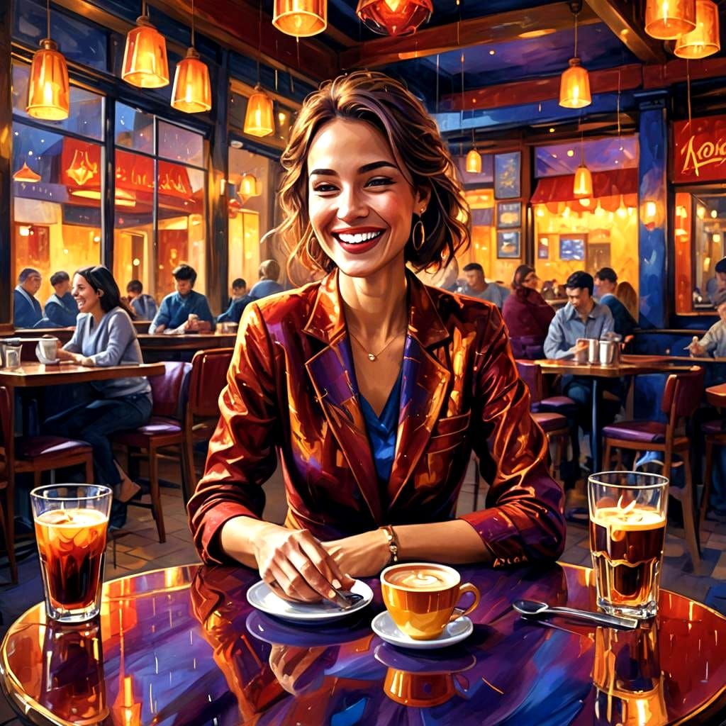 Stylish Woman in Restaurant with Coffee: Fantasy Art
