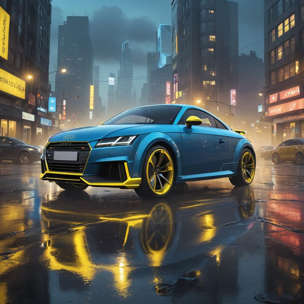 Futuristic Audi TT Speeds Through Neon Cityscape