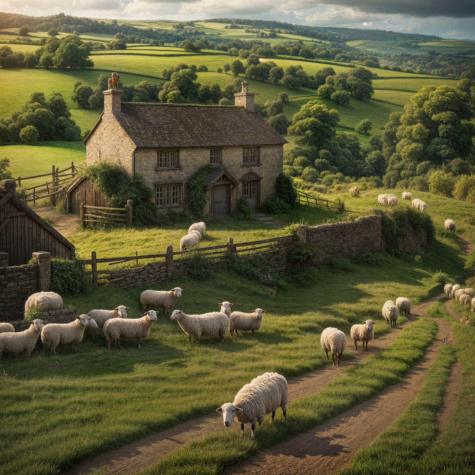 English Countryside Sheep Farm in Detailed Matte Painting