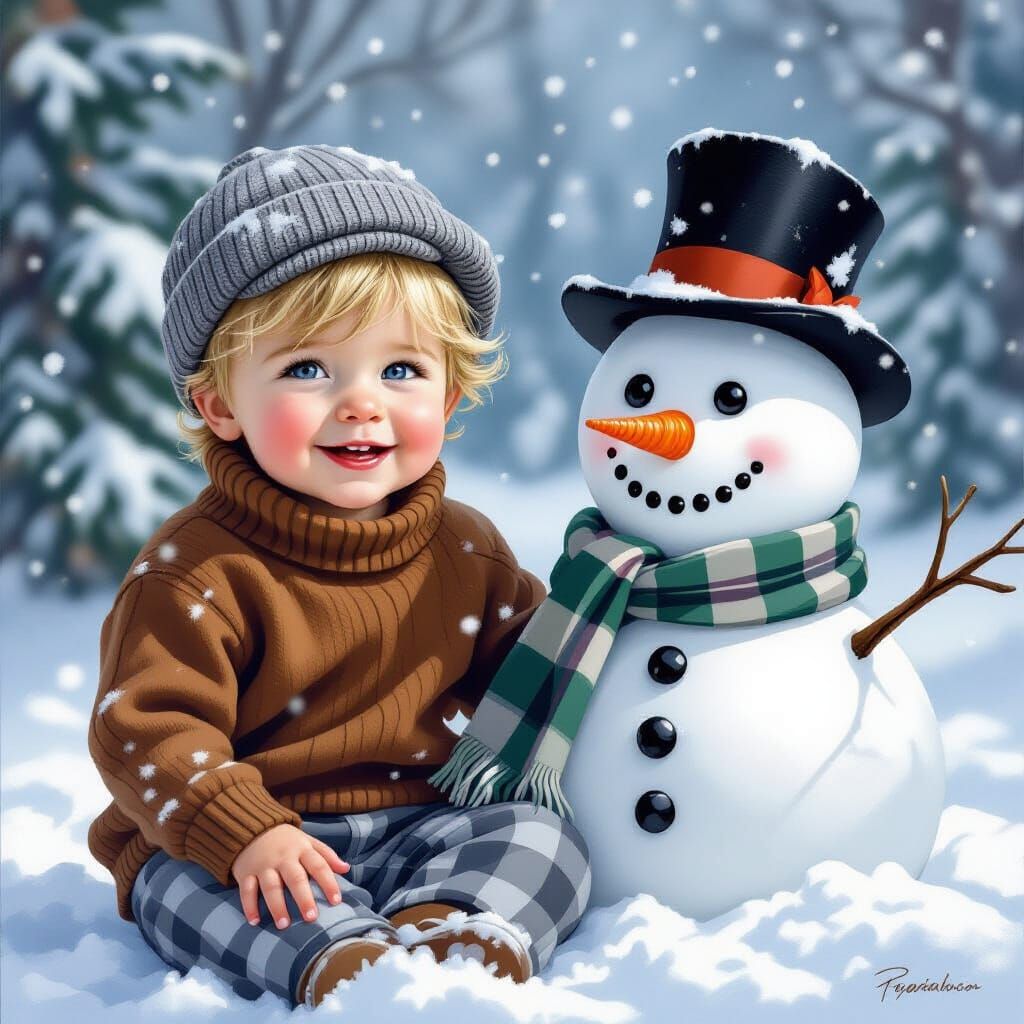 Toddler Boy With Snowman in Snowy Winter Scene