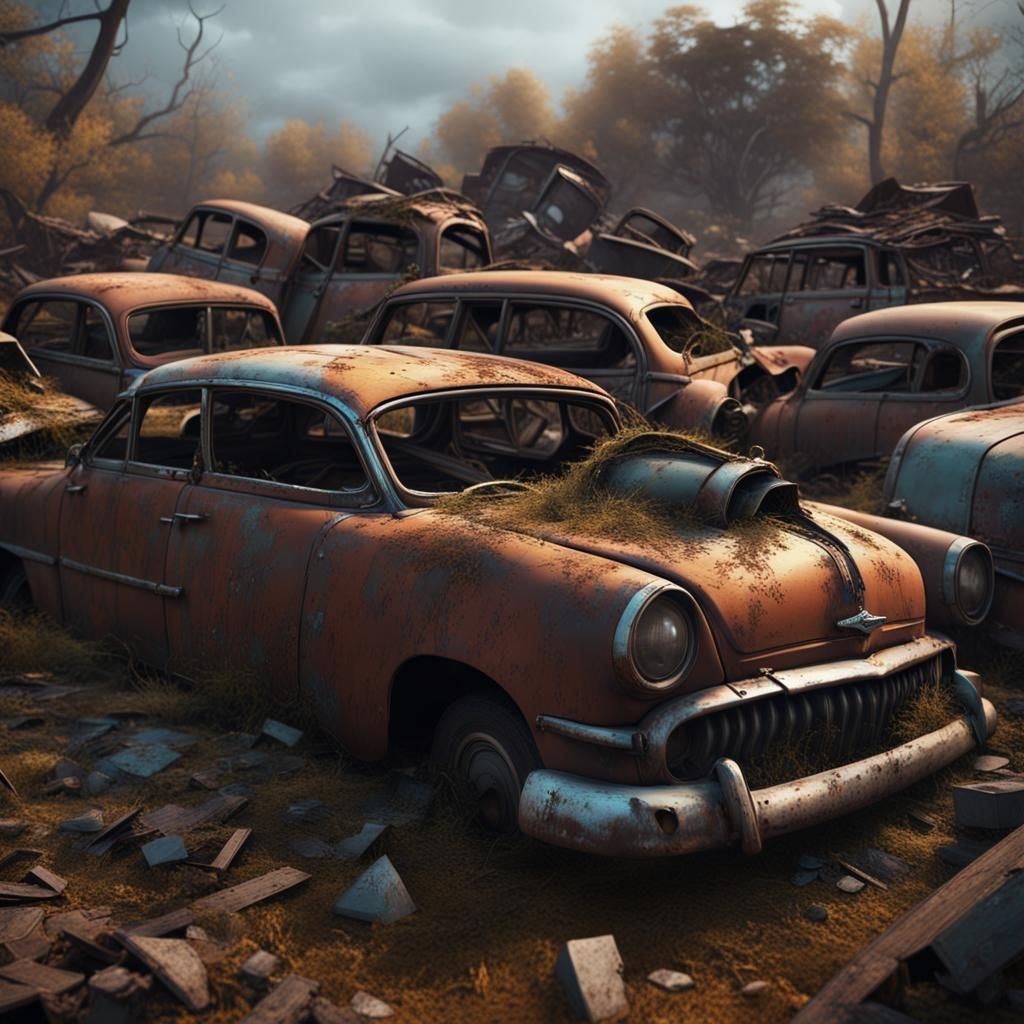 Abandoned Car Cemetery: Detailed Matte Painting