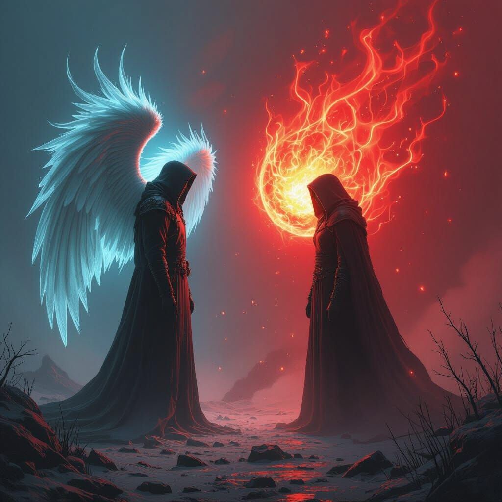 Angels of Ice and Fire Clash in Neon Aura
