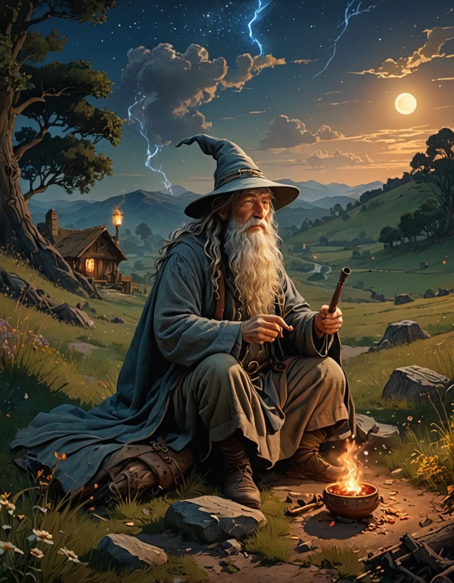 Gandalf Smoking Pipe in Shire, Art Nouveau Style