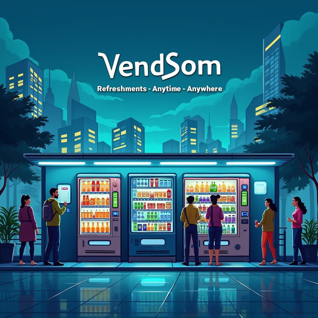 Modern Vending Machine Company Banner in Futuristic Cityscap...
