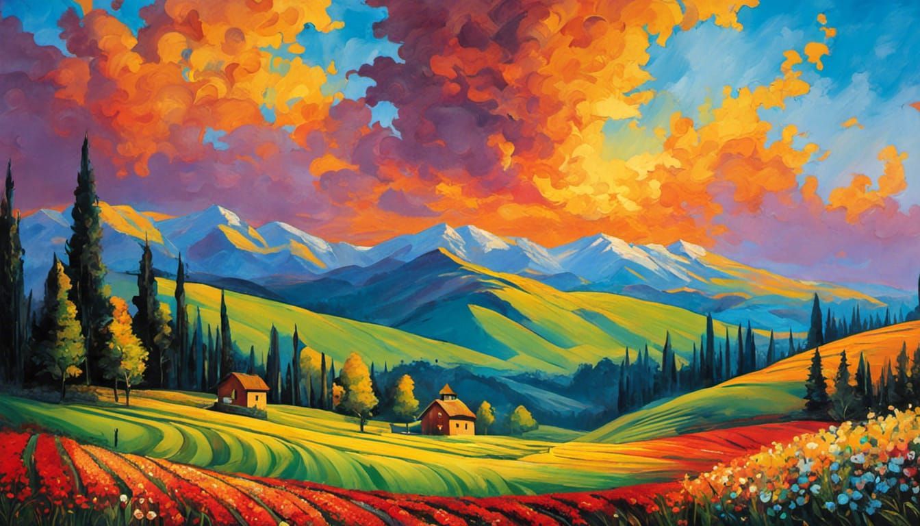 Mountain Landscape Painting in Neo-Impressionism Style