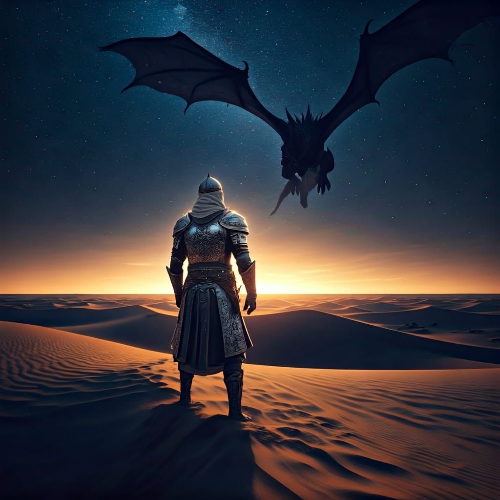 Arabian Knight and Dragon Under Starry Sky