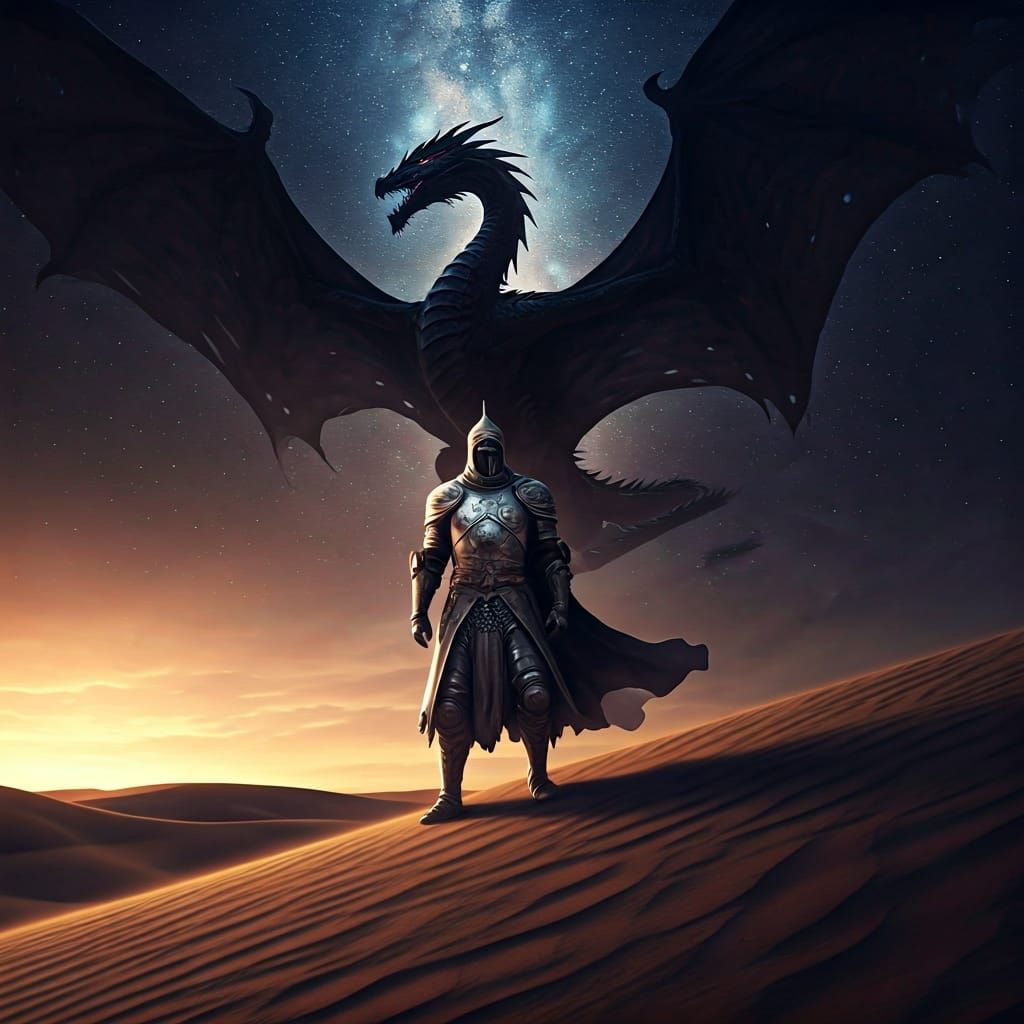 Arabian Knight and Dragon Under Starry Sky