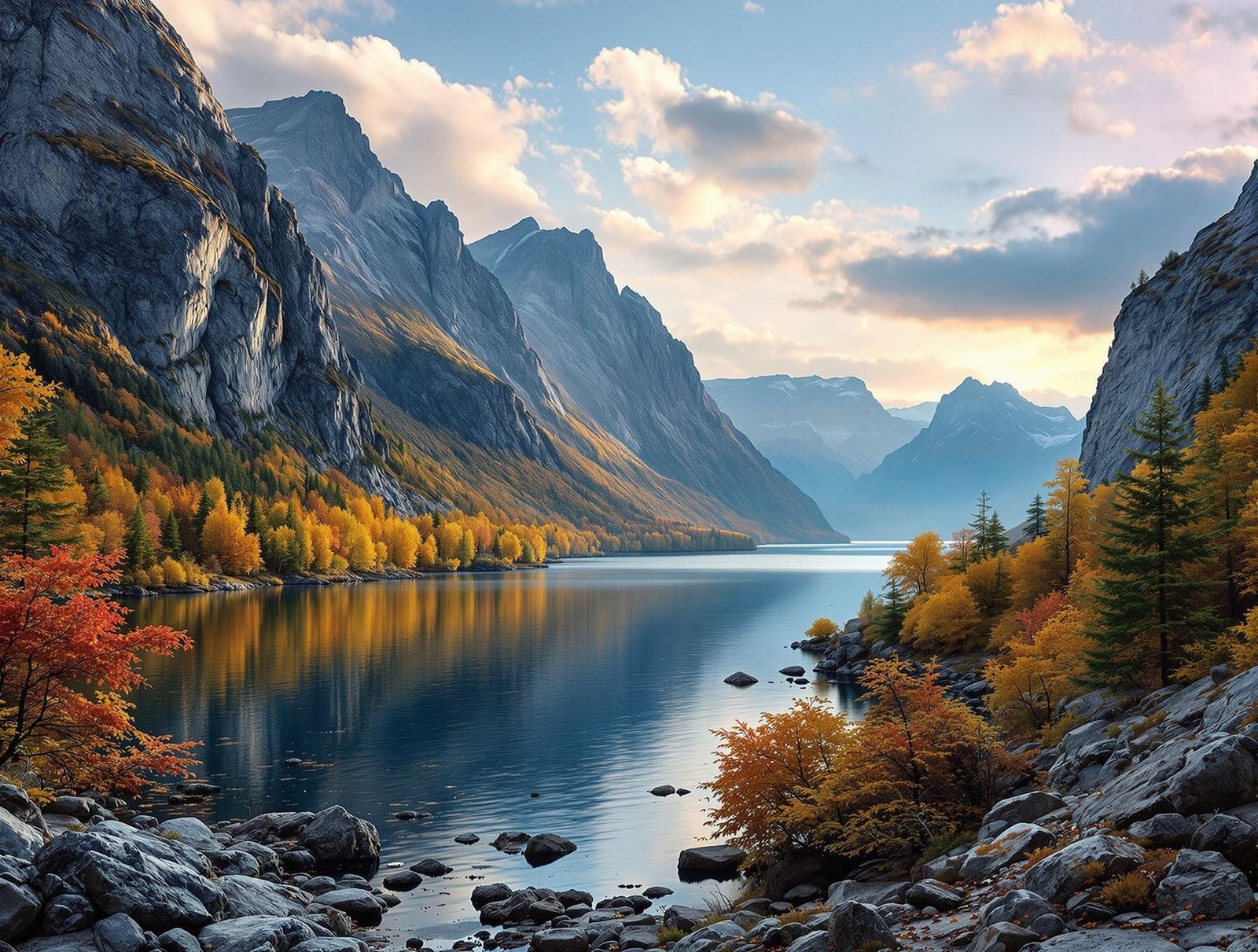 Epic Autumn Fjord Landscape with Volumetric Lighting