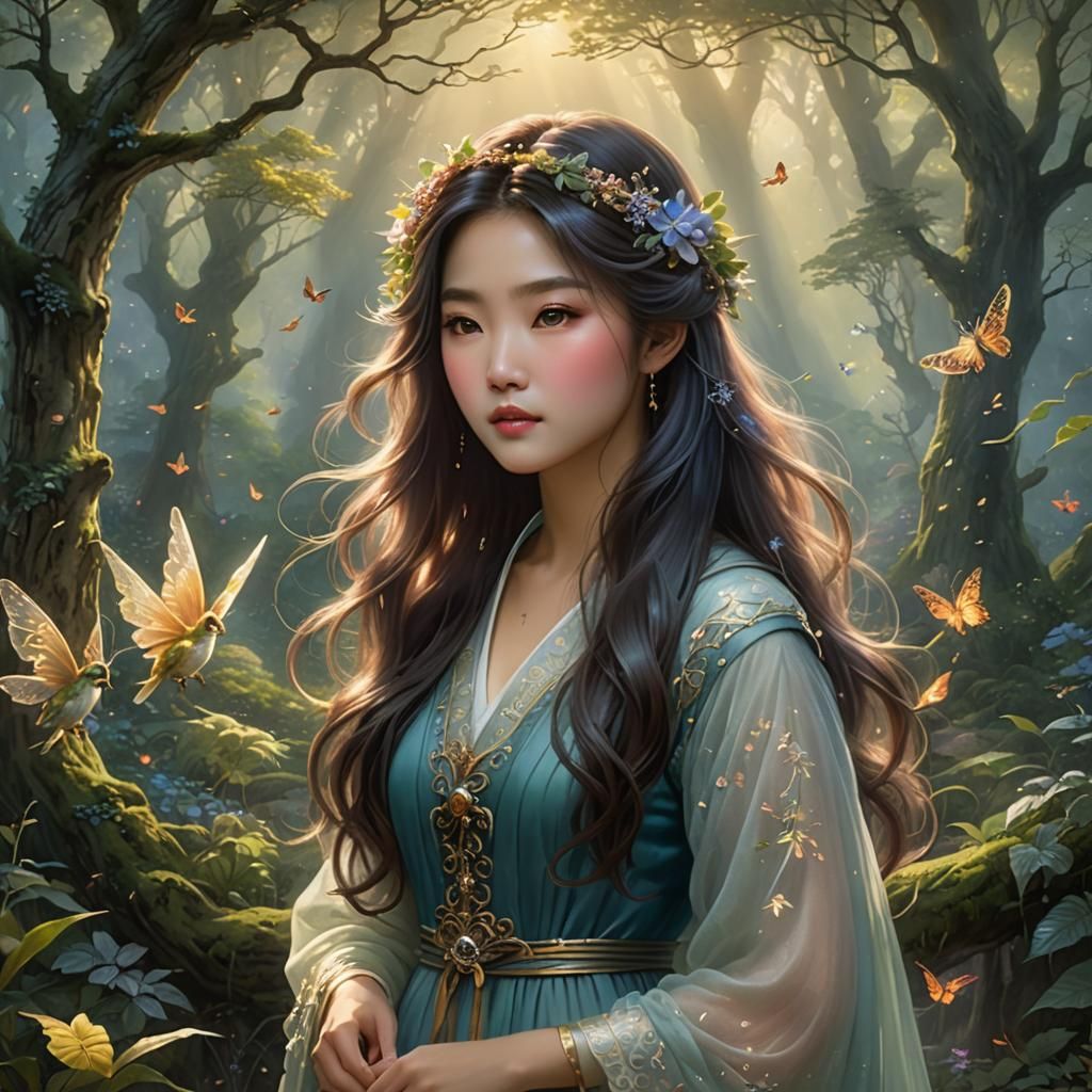 Korean Girl in Enchanted Forest: Ethereal Fantasy Art
