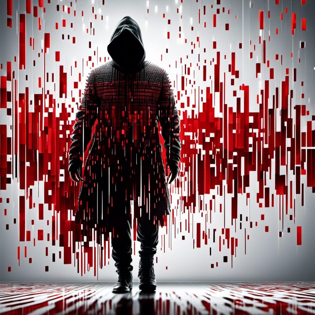 Hacker Silhouette in Red Binary Code, 4K Cyberpunk