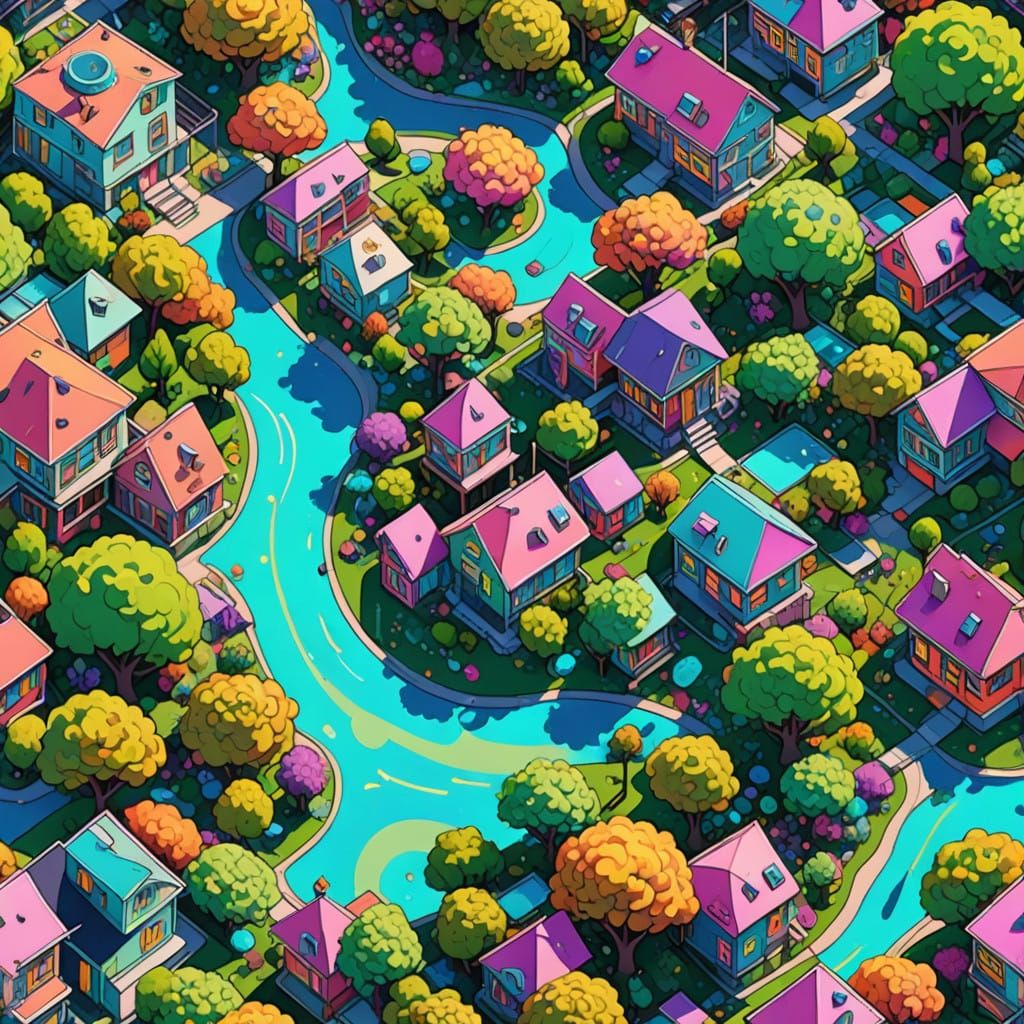 Vibrant Neon Suburban Dreamscape in Psychedelic Hues