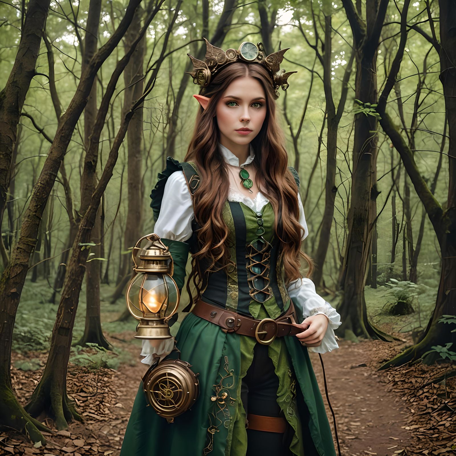 Enchanted Elf in Steampunk Forest