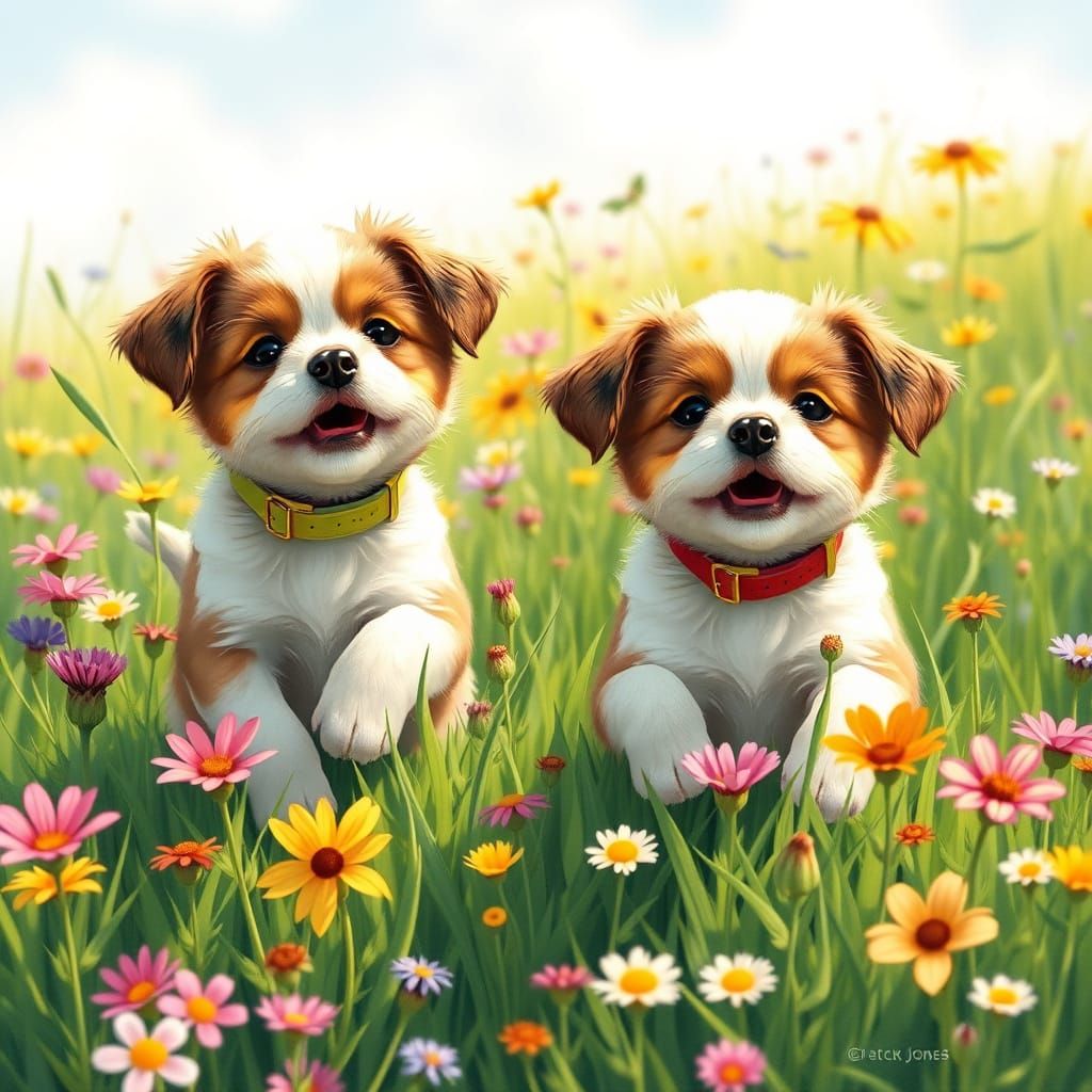 Puppies Playing in Meadow, Storybook Illustration