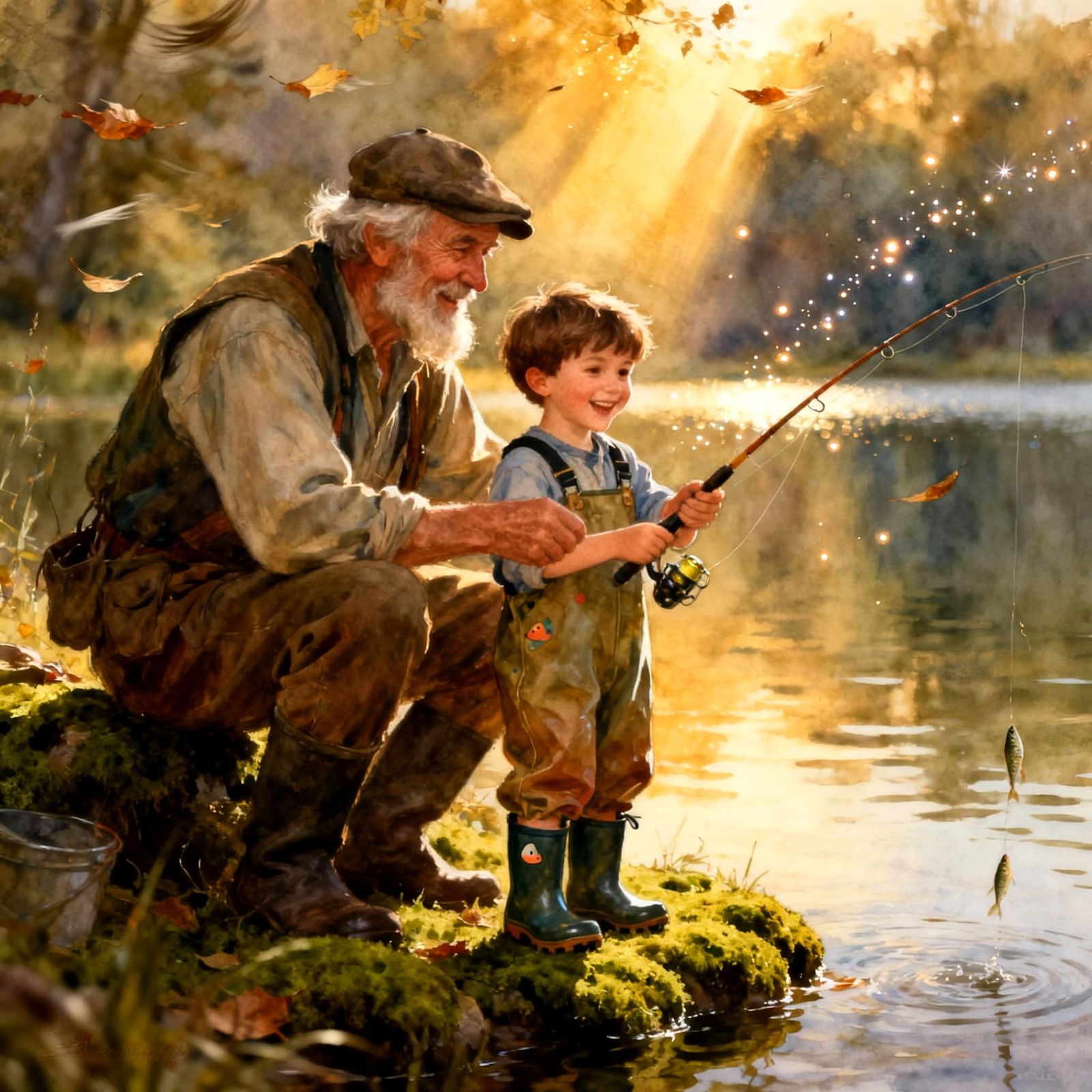Grandpa Teaches Grandson Fishing in Serene Landscape