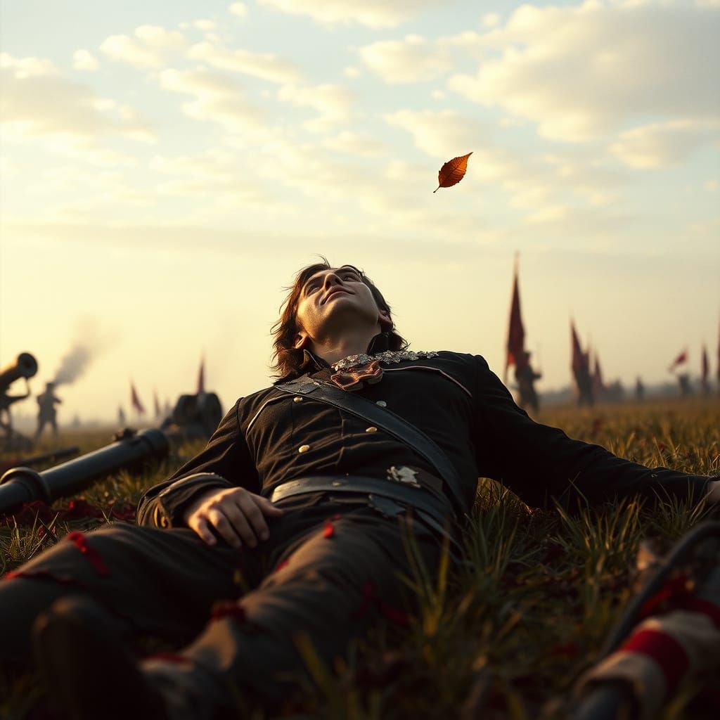 Wounded Soldier on Battlefield in Cinematic Film Still