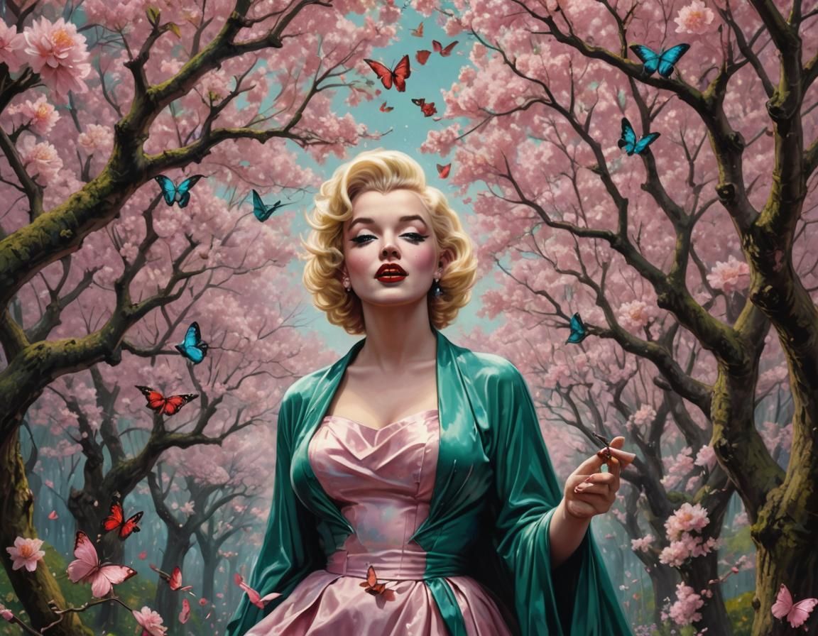 Iconic Marilyn Monroe standing in an cherry blossom alley
