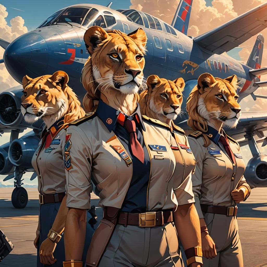 Lioness Pilot and Air Hostesses in Anime Style