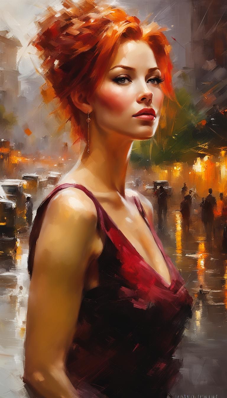 Red-Haired Woman in Bokeh, Oil Painting Style
