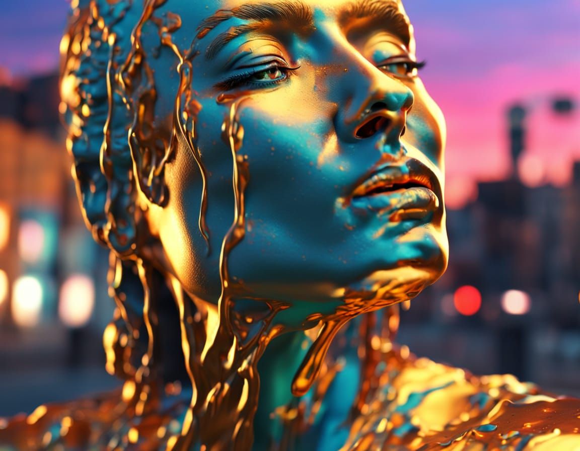 Surreal Melting Woman on City Sidewalk