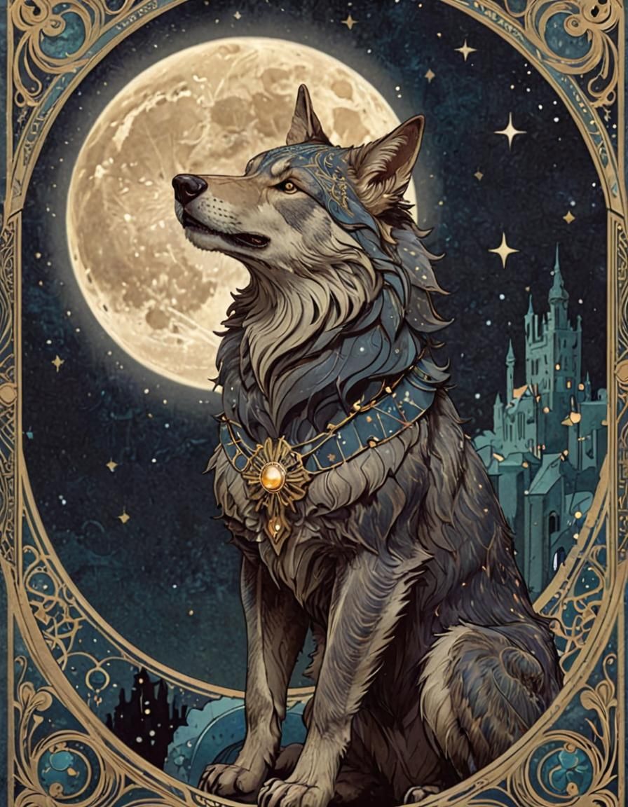 Art Deco Werewolf Tarot Card with Gold Accents