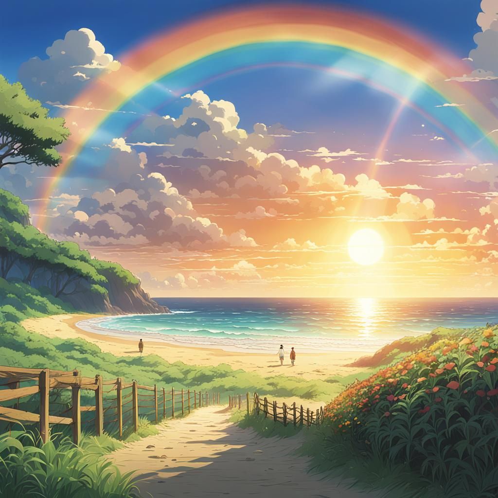Beach Sunset with Rainbow in Anime Style