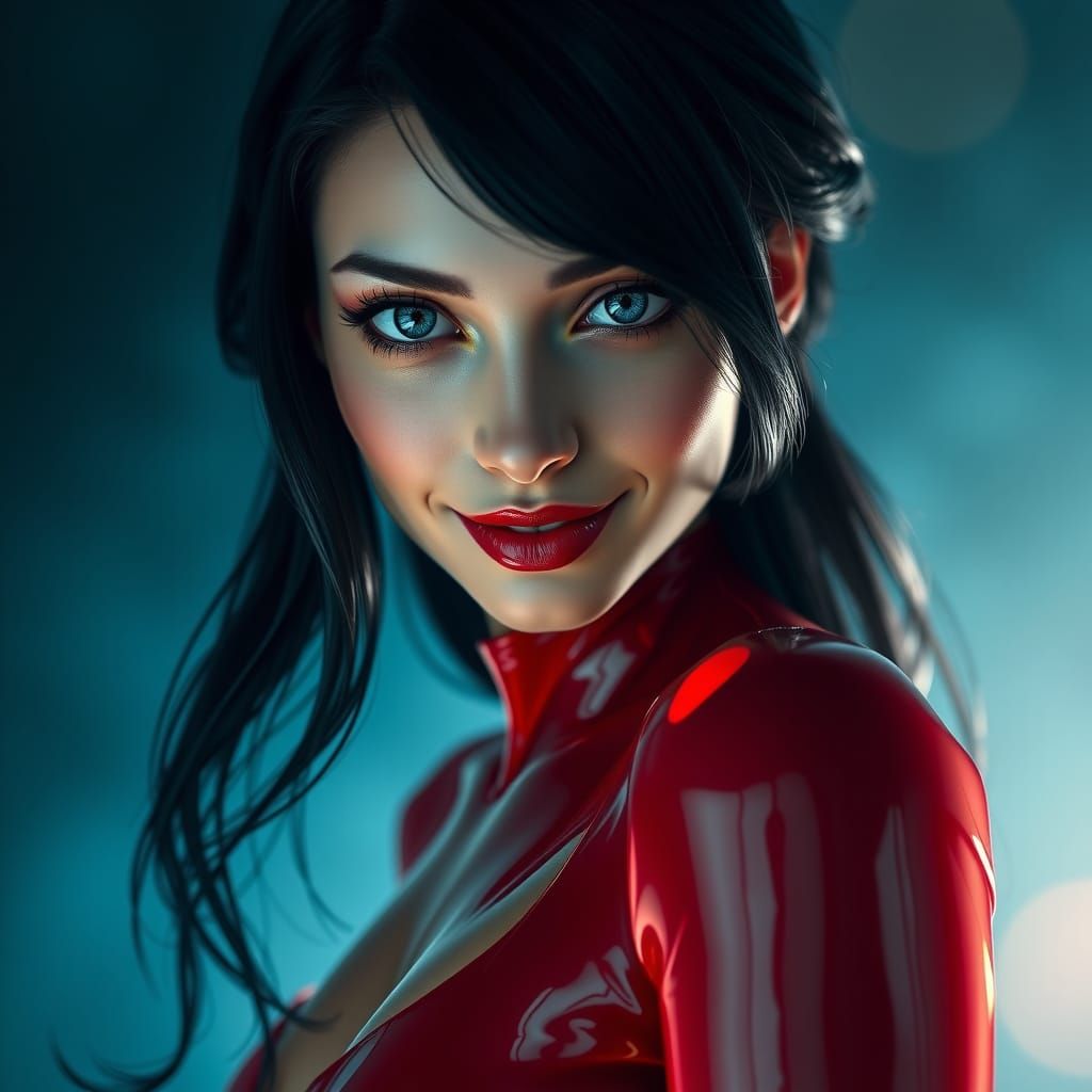 Hyperrealistic Woman in Red Latex Dress, Anime Style