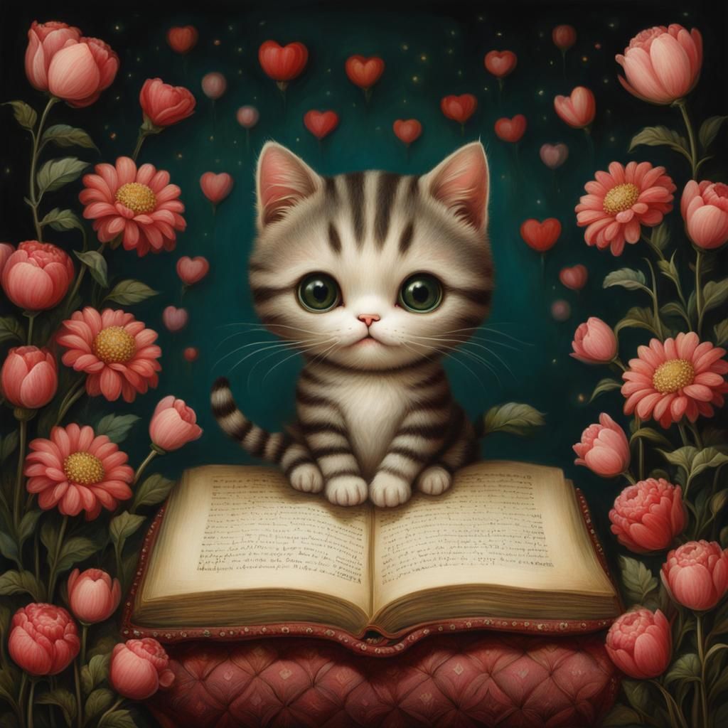 Cat on Pillow with Flowers in Pop Surrealist Style