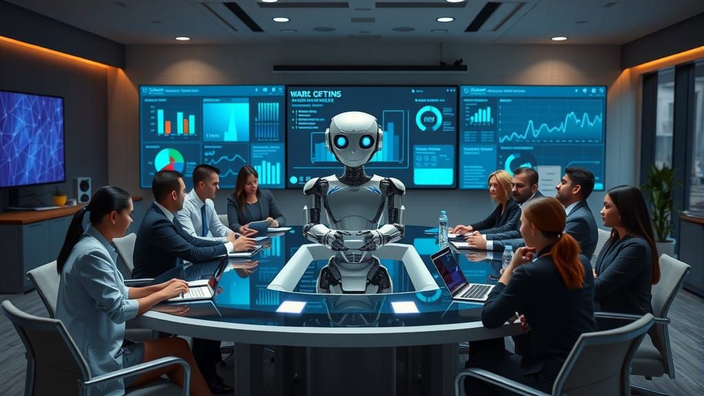 Futuristic Business Meeting with AI Robot