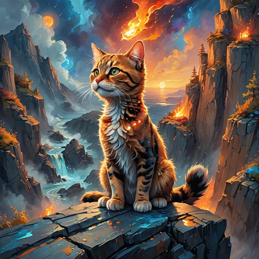 Cat on Cliff Between Fire and Tsunami, Oil Painting