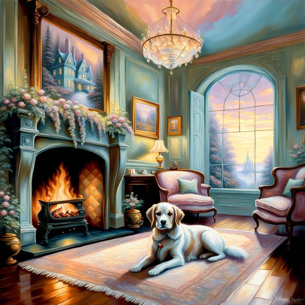 Victorian Living Room with Dog in Pastel Colors
