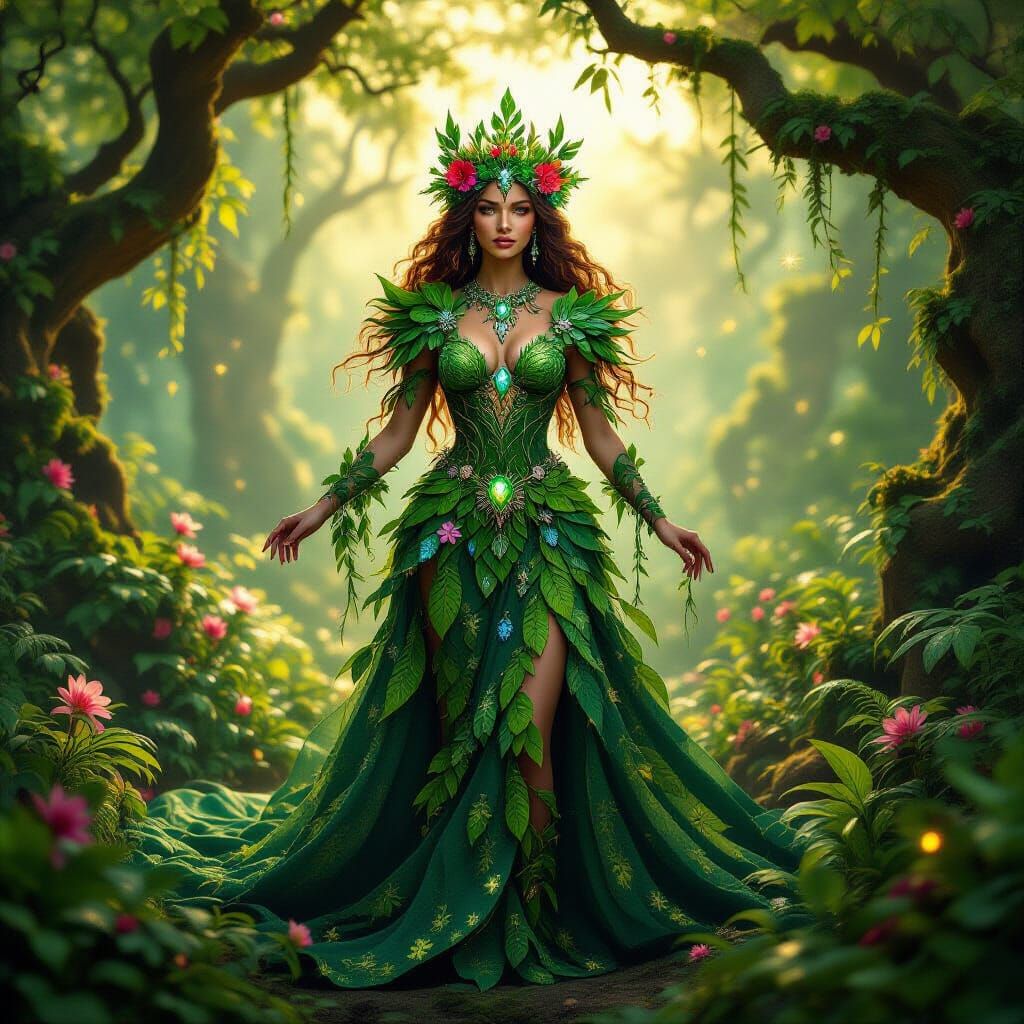 Nature Queen in Ancient Forest, Regal Gown of Leaves and Gem...