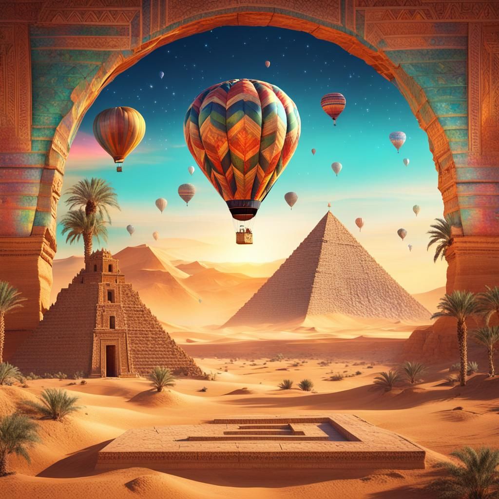 Hot Air Balloon Over Desert Pyramid, Cosmic Illustration