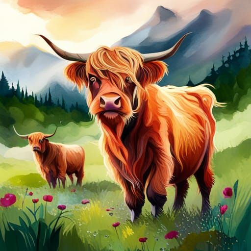 Watercolor Highland Cow Clip Art in High Resolution
