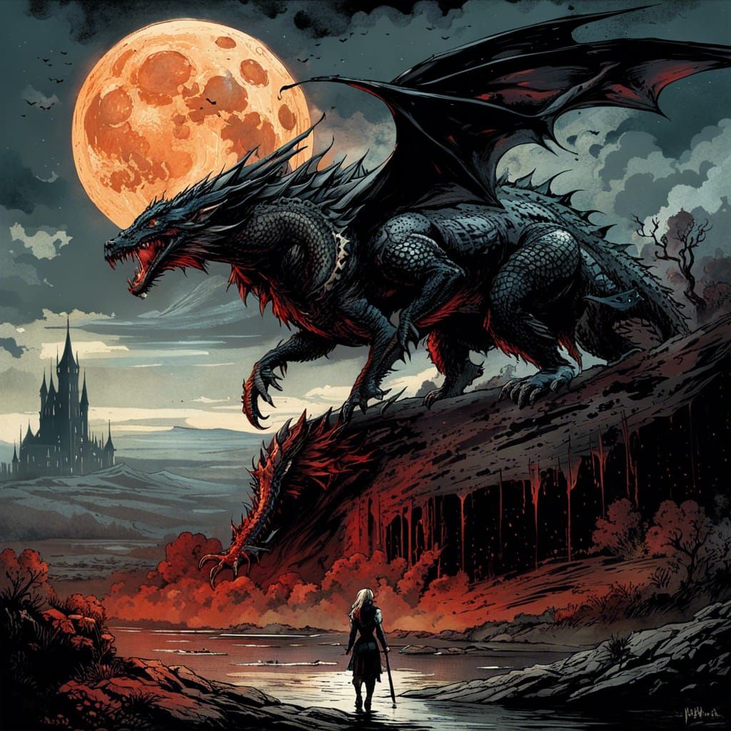 Enchanted Witch and Dragon in Dark Fantasy Landscape