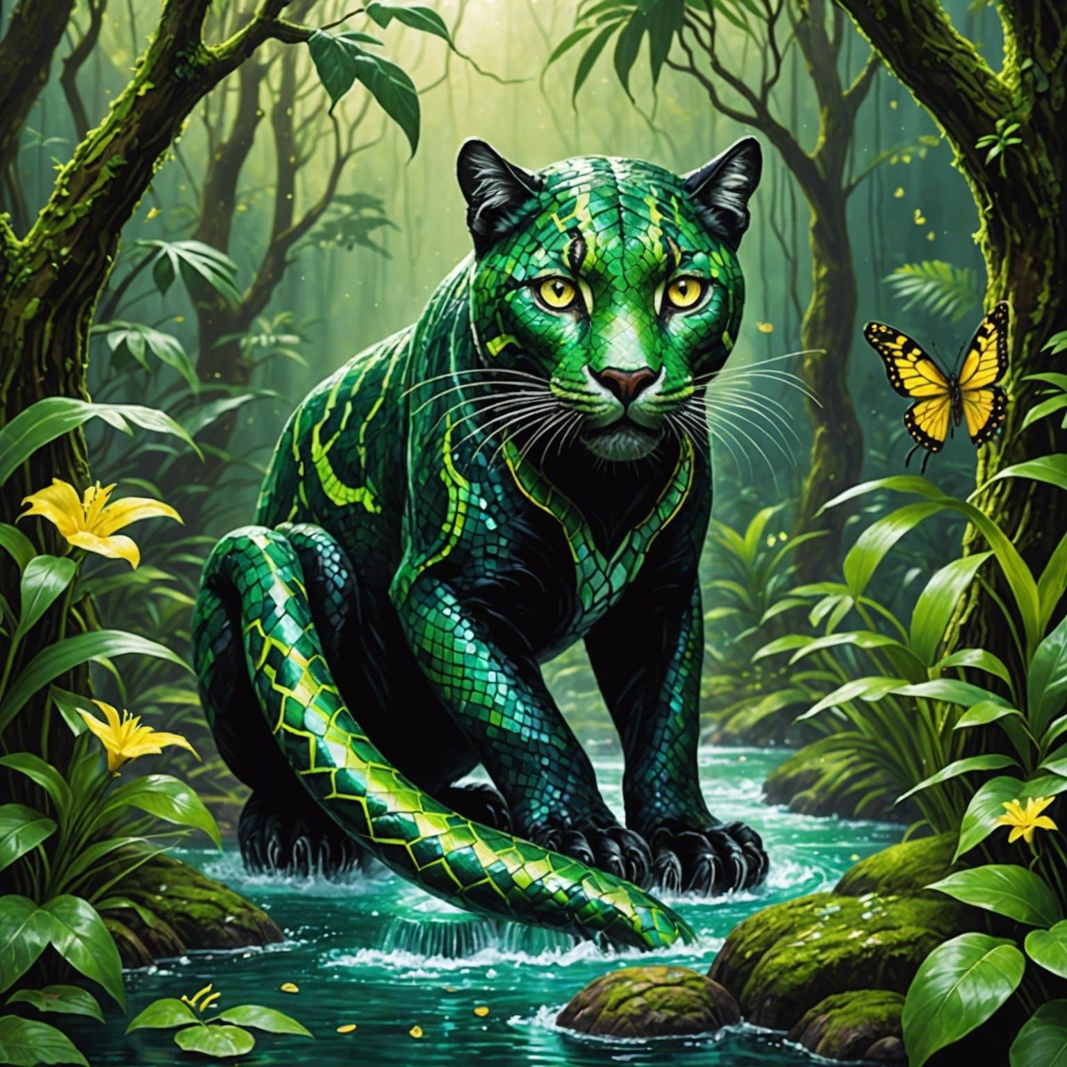 Rainforest Mosaic with Snake, Puma and Fairies