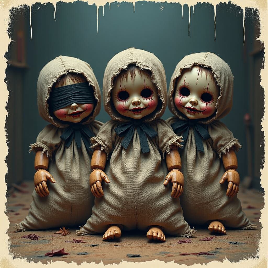 Sinister Nursery Dolls in Dark Splash Art Style